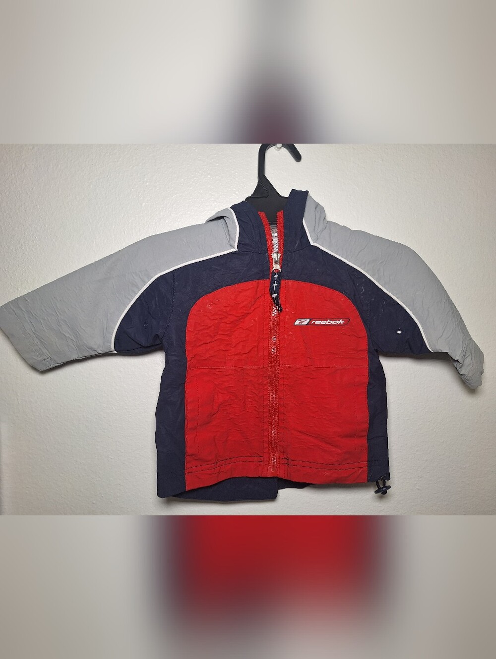 Vintage Reebok Boys' Navy, Red & Light Gray Colorblock Hooded Raincoat
